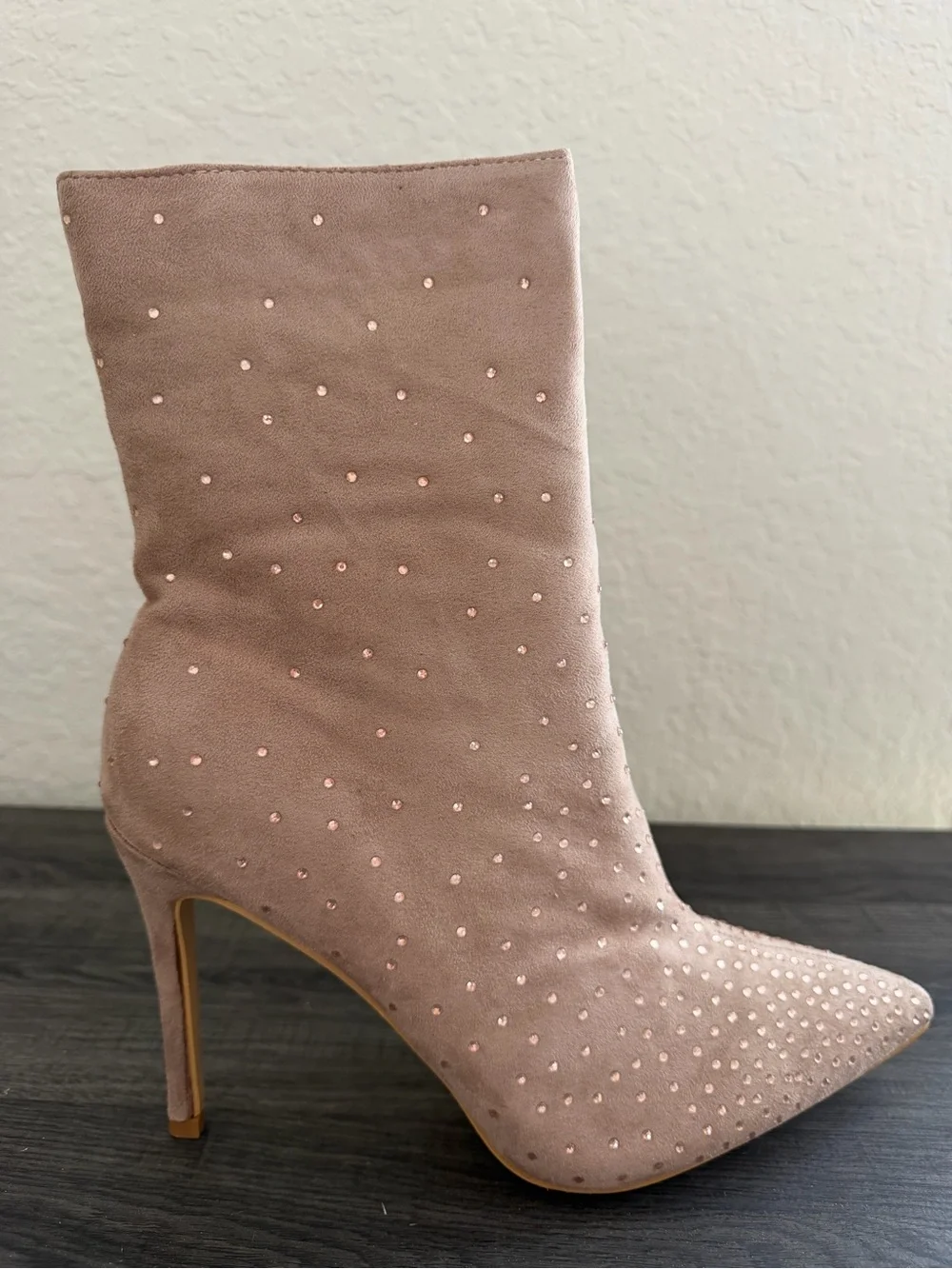 Taupe Rhinestone Pointed Toe Ankle Boots Size 10